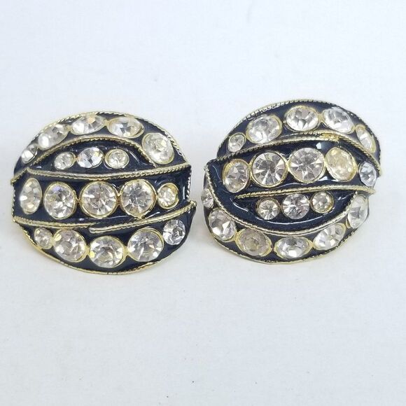 Vintage Retro Rhinestone Clip On Earrings, Black and Gold Tone Setting, Estate - Picture 5 of 5